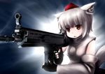  animal_ears assault_rifle detached_sleeves fingerless_gloves fn_scar gloves gun hat inubashiri_momiji open_mouth red_eyes rifle short_hair solo tail tokin_hat touhou tsubasa_(abchipika) weapon white_hair wolf_ears wolf_tail 