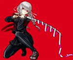  black_legwear braid danganronpa glasses katana loafers nanamura one_knee pantyhose pekoyama_peko red_background red_eyes ringed_eyes school_uniform serafuku shoes silver_hair skirt solo super_danganronpa_2 sword weapon 