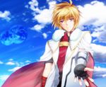  armor blonde_hair cape cloud day dog_days fingerless_gloves gloves kagura_yuuto male_focus older purple_eyes shinku_izumi sky solo 