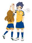  1girl bad_id bad_pixiv_id blue_hair blue_legwear brown_hair candy food gym_shorts hairband inazuma_eleven_(series) inazuma_eleven_go inazuma_eleven_go_chrono_stone kneehighs long_hair nanobana_kinako raimon raimon_soccer_uniform shoes shorts sneakers soccer_uniform sportswear tomo_(sjim) tsurugi_kyousuke yellow_eyes 