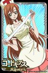  alternate_costume artist_request bandages blue_background brown_hair card_(medium) code_geass cosplay green_eyes hat long_hair looking_at_viewer nurse nurse_cap official_art puffy_sleeves red_cross shirley_fenette solo 
