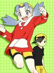  1girl alternate_costume backwards_hat bangs bare_legs baseball_cap bike_shorts black_hair blue_hair blush borrowed_garments cosplay couple crystal_(pokemon) gold_(pokemon) gold_(pokemon)_(cosplay) hat hetero jumping open_mouth pokemon pokemon_(game) pokemon_gsc pumpkinpan smile standing standing_on_one_leg twintails 