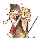  1boy 1girl black_hair blonde_hair cap fishing fishing_rod hat lowres pikachu pokemon pokemon_special red_(pokemon) star yellow_(pokemon) 