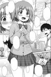  1girl :d blank_speech_bubble blush bow cardigan comic flower glasses greyscale hair_flower hair_ornament idolmaster idolmaster_cinderella_girls mimura_kanako monochrome necktie opaque_glasses open_mouth plaid plaid_skirt producer_(idolmaster) school_uniform short_hair skirt smile speech_bubble steepled_fingers sweat zanzi 