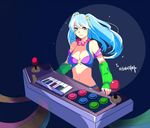  alternate_costume arcade_stick bad_id bad_pixiv_id bare_shoulders blue_eyes blue_hair bra breasts cleavage controller etwahl fingerless_gloves game_controller gloves hair_ornament instrument jewelry joystick league_of_legends long_hair midriff minma necklace purple_bra smile solo sona_buvelle star twintails underwear 