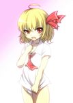  ahoge blonde_hair blush collarbone fang hair_ribbon no_pants open_mouth panties red_eyes rhine ribbon rumia shirt short_hair short_sleeves solo touhou underwear white_panties 