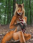  canine covering edit female forest fox mammal necktie nude photo_manipulation photomorph solo tree wood 