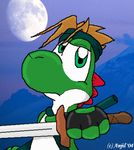  awesoom clothing detailed_background games green_body green_eyes invalid_background male mario_bros moon nintendo solo sword tree video_games warrior weapon white_belly wood yoshi 