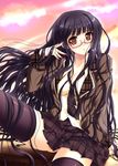  akino_shin black_hair black_legwear blush breasts brown_hair cleavage glasses large_breasts long_hair looking_at_viewer nail_polish necktie original pink_nails plaid plaid_neckwear plaid_skirt school_uniform sitting skirt solo thighhighs very_long_hair wind 