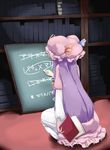  book chalk chalkboard coo crescent dress fingernails from_behind hat highres holding holding_book long_hair patchouli_knowledge purple_hair solo squatting touhou translated writing 