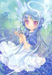  absurdres blue_hair blush dress flower_(kowarekake) hair_ornament halo highres holding kowarekake_no_orgel long_hair looking_at_viewer red_eyes scan solo zeco 