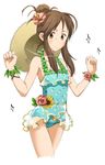  aqua_swimsuit blush brown_eyes brown_hair casual_one-piece_swimsuit floral_print flower hair_bun hair_flower hair_ornament hat hat_around_neck hibiscus idolmaster idolmaster_cinderella_girls looking_at_viewer one-piece_swimsuit print_swimsuit sakura_(medilore) sketch smile solo sparkle straw_hat swimsuit takamori_aiko white_background wrist_cuffs 