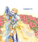  armor bad_id bad_pixiv_id blonde_hair cape ea_(fate/stay_night) earrings fate/stay_night fate/unlimited_codes fate_(series) faux_traditional_media gilgamesh jewelry light_persona male_focus mpn red_eyes solo sword translucent weapon 