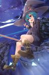  absurdres blue_hair boots broom broom_riding cloud hat highres night night_sky open_mouth original pink_eyes respirator scan short_hair sitting sky solo translated witch witch_hat yuugen 