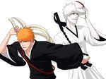  2boys bankai black_sclera bleach hollow hollow_ichigo kurosaki_ichigo male male_focus multiple_boys shihakusho shirosaki_hichigo sword weapon zangetsu 