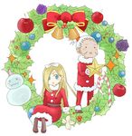  1girl candy candy_cane chibi christmas food fullmetal_alchemist miles_(fma) miniboy minigirl nina_(happy_parco) olivier_mira_armstrong santa_costume snowman star wreath 