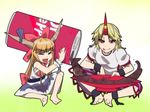  :d barefoot blonde_hair bow chain closed_eyes cuffs cup dr_pepper fang hair_bow highres horn horns hoshiguma_yuugi ibuki_suika jeno long_hair multiple_girls open_mouth oversized_object pointy_ears red_eyes sakazuki shackles sitting sleeveless smile star tongue touhou wrist_cuffs 