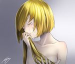  bad_id bad_pixiv_id blonde_hair closed_eyes heartbreak_haircut holding kyon_(fuuran) mole mole_under_mouth nude original severed_hair short_hair signature smile solo tears upper_body 