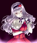  bad_id bad_pixiv_id blood blush breasts cleavage dress fingerless_gloves gloves hairband idolmaster idolmaster_(classic) large_breasts long_hair looking_at_viewer my_dear_vampire nail_polish off_shoulder pale_skin pink_eyes sashisu shijou_takane silver_hair slit_pupils solo vampire 