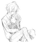  1girl blush closed_eyes greyscale hug inu_x_boku_ss long_hair miketsukami_soushi monochrome one_eye_closed shirakiin_ririchiyo sitting sketch tsu 