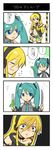  4koma blonde_hair blue_eyes choutako comic green_hair hair_ornament hair_ornaments hatsune_miku headphones highres leek spring_onion translation_request twintails vocaloid weapon 