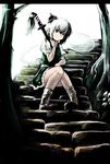  blue_eyes hair_ribbon hitodama konpaku_youmu konpaku_youmu_(ghost) puffy_sleeves purple_eyes ribbon short_hair short_sleeves sitting sitting_on_stairs smile solo stairs sword touhou weapon white_hair yagi_(sinnsyou) 