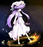  barefoot book bow capelet coo crescent fire hair_bow hat highres long_hair long_sleeves patchouli_knowledge purple_eyes purple_hair smile solo touhou very_long_hair wide_sleeves 