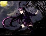  animal_ears bamboo black_legwear bunny_ears crescent full_moon long_hair long_sleeves moon necktie night open_mouth purple_hair red_eyes reisen_udongein_inaba sky solo thighhighs touhou very_long_hair yagi_(sinnsyou) 