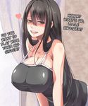  1girl bare_shoulders black_hair blush breasts brother brother_and_sister camisole cleavage collarbone curtains hard_translated heart huge_breasts incest leaning_forward long_hair original siblings sister smile solo teenage_girl_and_younger_boy translated window ygo 