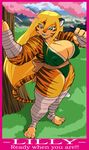  blonde_hair breasts clothed clothing feline female green_eyes hair lilly long_hair looking_at_viewer mammal muscles muscular_female shonuff skimpy smile solo tiger 