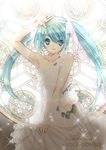  aqua_eyes aqua_hair bad_id bad_pixiv_id bare_shoulders bow dress flower hair_bow hatsune_miku highres koge_donbo long_hair looking_at_viewer rose sketch smile solo sparkle twintails very_long_hair vocaloid wedding_dress 