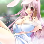  1girl animal_ears arm arm_grab arm_hug arms bare_legs bare_shoulders blush breast_hold breasts bunny_ears cleavage collarbone covering hand_on_another's_face huge_breasts legs long_hair looking_at_viewer naked_towel nenekoneko nude nude_cover onsen outdoors pink_hair purple_hair red_eyes reisen_udongein_inaba sitting smile solo_focus steam sweat thighs touhou towel 