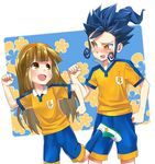  1girl bad_id bad_pixiv_id blue_hair blush brown_eyes hairband inazuma_eleven_(series) inazuma_eleven_go inazuma_eleven_go_chrono_stone long_hair nanobana_kinako orange_hairband raimon raimon_soccer_uniform soccer_uniform sonsoso sportswear tsurugi_kyousuke yellow_eyes 