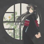  :3 arms_behind_back bad_id bad_pixiv_id black_hair black_kimono camellia flower from_side green_eyes half_updo interlocked_fingers japanese_clothes kimono long_hair looking_at_viewer naruse_chisato obi original pinstripe_pattern round_window sash smile solo striped vertical_stripes window 