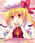  ascot blonde_hair blush cup flandre_scarlet food fork hat hat_ribbon heart highres koromia leaning looking_at_viewer plate pov_across_table red_eyes ribbon side_ponytail solo teacup touhou wings 