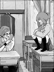  1girl ? alternate_costume fangs glasses greyscale monochrome odamaki_sapphire pokemon pokemon_special ponytail ruby_(pokemon) school_uniform sitting sweatdrop tegaki tkskndk 