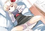  ascot blonde_hair couch expressionless handheld_game_console lying no_shoes on_back panties pantyshot red_eyes rumia short_hair sinzan socks solo touhou underwear video_game white_panties 