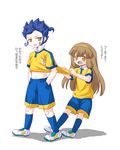  1girl :o blue_hair blue_legwear blush brown_eyes brown_hair gym_shorts hairband hands_in_pockets inazuma_eleven_(series) inazuma_eleven_go inazuma_eleven_go_chrono_stone kneehighs lightning_bolt long_hair marugoshi_(54burger) midriff nanobana_kinako navel open_mouth raimon raimon_soccer_uniform shirt_grab shirt_lift shoes shorts simple_background soccer_uniform sportswear sweat translated tsurugi_kyousuke v-shaped_eyebrows white_background 