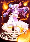  book bow capelet coo crescent fire hair_bow hat highres long_hair long_sleeves magic_circle patchouli_knowledge purple_eyes purple_hair solo touhou wide_sleeves 