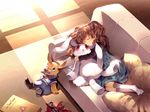 action_figure book brown_hair bunny cage_-close- couch dress hair_ornament highres image_comics long_hair pillow sleeping solo spawn spawn_(spawn) stuffed_animal stuffed_toy sunakumo 