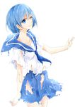  blue_eyes blue_hair hazuki_natsu original school_uniform serafuku simple_background smile solo water 