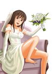  black_eyes bouquet breasts bridal_veil bride brown_hair flower foot highres long_hair looking_at_viewer open_mouth sitting smile solo toes veil zukiki 