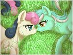  blue_eyes bonbon_(mlp) couple equine eye_contact female feral friendship_is_magic grass hair horn horse inuhoshi-to-darkpen lying lyra_(mlp) lyra_heartstrings_(mlp) mammal my_little_pony pony two-tone_hair two_tone_hair unicorn 