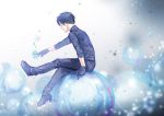  1boy black_gloves black_hair black_pants black_shirt brown_eyes bubble gloves ice_skates katsuki_yuuri male_focus pants shirt sitting skates smile snowflakes snowing yuri!!!_on_ice yuyu_(yuyudesu0806) 