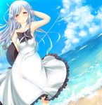  alternate_costume arm_behind_back bad_id bad_pixiv_id bare_shoulders beach blue_hair blue_sky blush bow cloud day dress ha_ru hat hat_removed headwear_removed highres hinanawi_tenshi long_hair looking_at_viewer ocean off_shoulder outdoors purple_eyes sky sleeveless sleeveless_dress solo tears touhou waves white_dress 