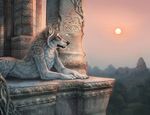  ancient lying nude pillar sunset vines werewolf_calendar yellow_eyes 