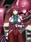  blue_eyes bodysuit breasts gloves gundam gundam_seed gundam_seed_destiny headwear_removed helmet helmet_removed highres large_breasts looking_at_viewer lunamaria_hawke mecha pilot_suit pink_hair short_hair shunzou solo zaku_warrior_lunamaria_custom 