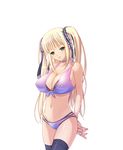  bikini blonde_hair blush breasts cleavage erect_nipples green_eyes kyonyuu_majo large_breasts smile swimsuit tenma_cecile thighhighs twintails waffle 