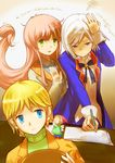  aisha_callaaisha bangs blonde_hair blue_eyes drawing fairy_(jintai) frown green_eyes hat jinrui_wa_suitai_shimashita joshu-san long_hair multiple_girls paper pencil pink_hair short_hair sweatdrop translated turtleneck watashi_(jintai) white_hair y_(jintai) 