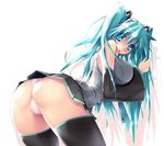  aqua_eyes aqua_hair ass breasts detached_sleeves hatsune_miku large_breasts leaning_forward long_hair necktie open_mouth panties scatter_milk skirt solo sweat thighhighs underwear vocaloid 
